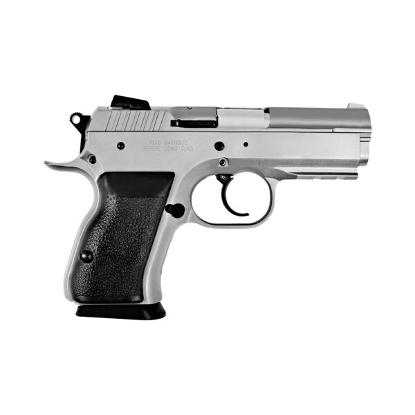 A silver gun with black grips and a white background