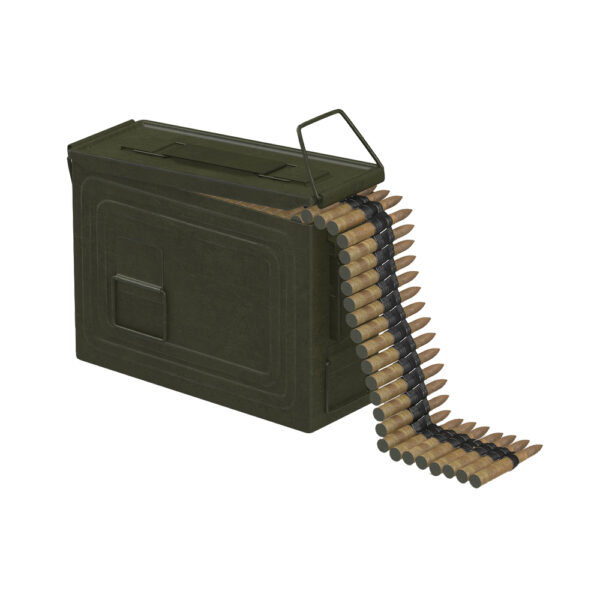 A military style ammo box with a bunch of bullets coming out.