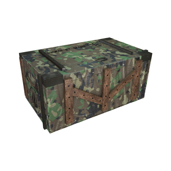 A military trunk with camouflage fabric and leather straps.